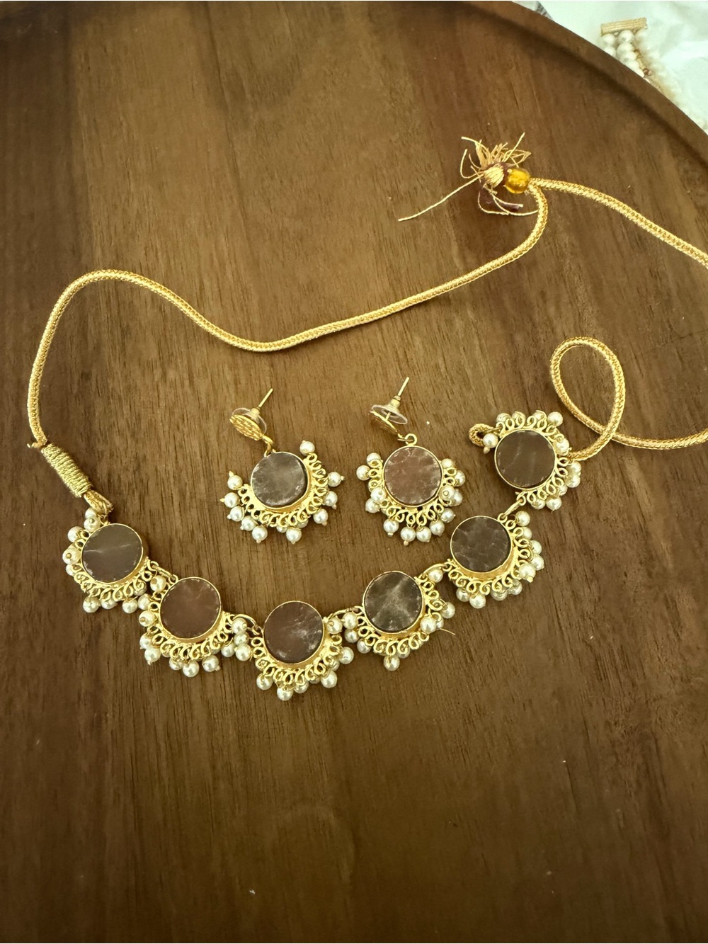 Gold-tone Mirror Disc Necklace and Earring Set
